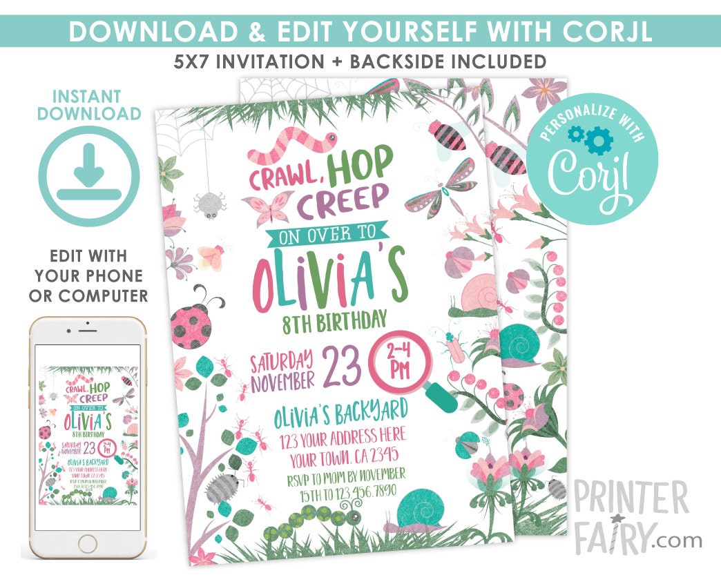 Bugs Birthday Invitation, Garden Party, EDITABLE (Digital Download)