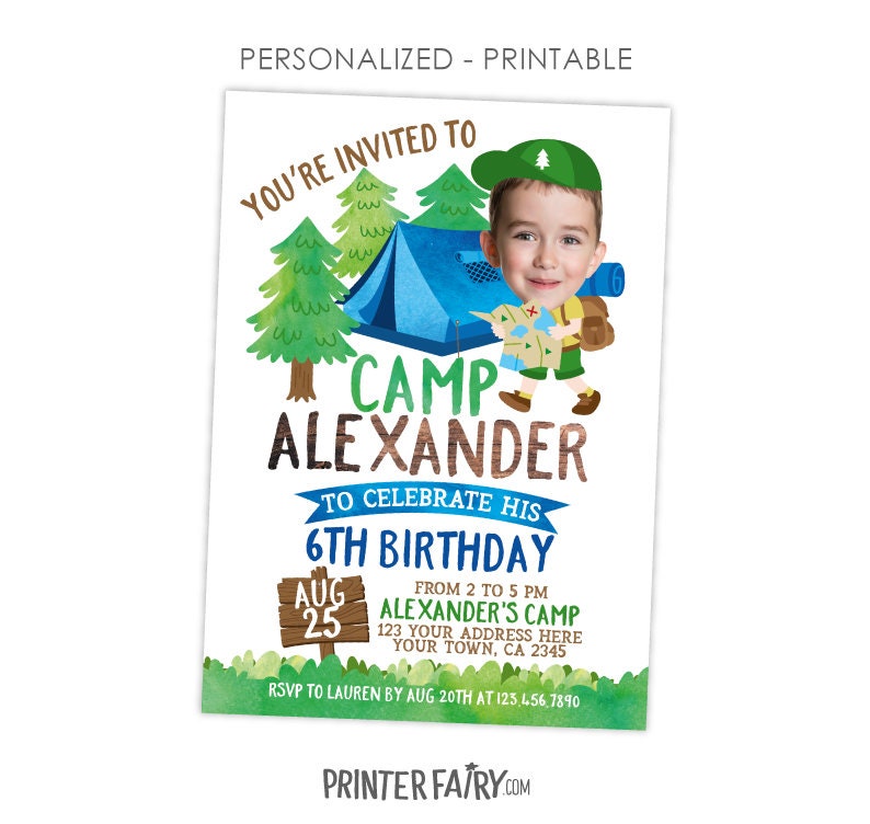 Camping Party Invitation Personalized with Photo, Digital or Printable Design