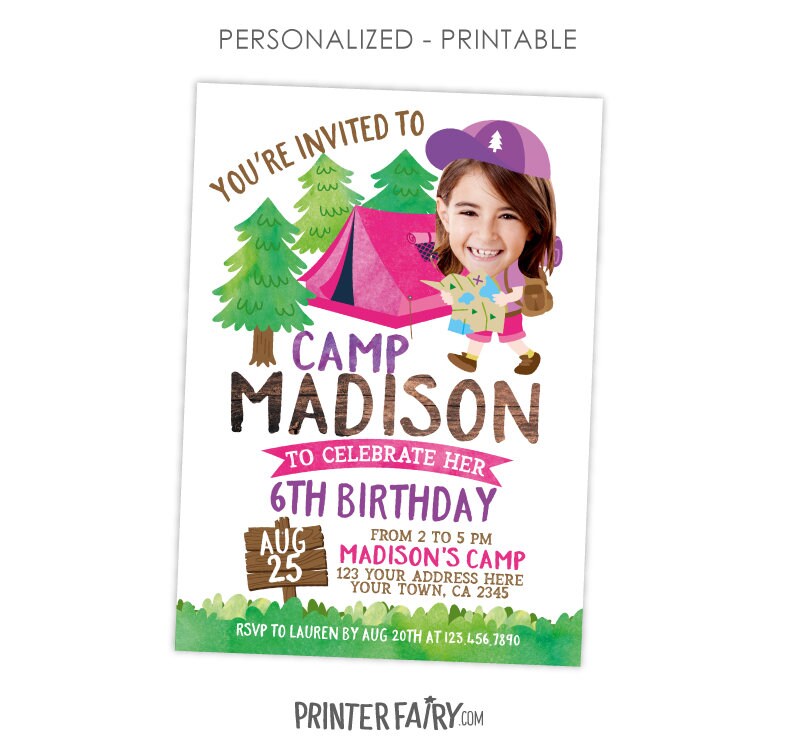 Camping Party Invitation Personalized with Photo,(Digital or Printable Invitation)