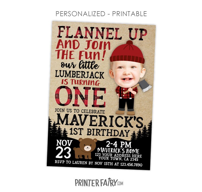 Lumberjack Birthday Invitation with Photo, Flannel Party (Digital Invite)