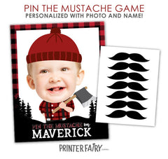 Lumberjack Personalized Pin The Mustache Party Game, Digital Printable Design