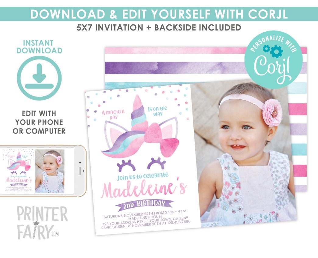 Editable Unicorn Birthday Invitation with Photo (Digital Download)