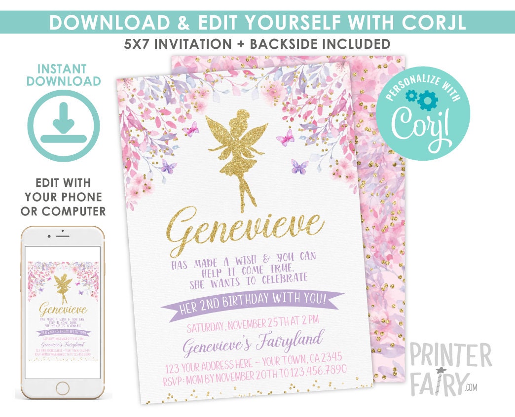 Fairy Birthday Invitation, Floral, Gold, Pink, Purple (Digital Invite)