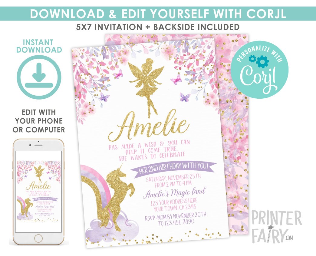 Fairy and Unicorn Birthday Invitation, Floral Party (Digital Invite)
