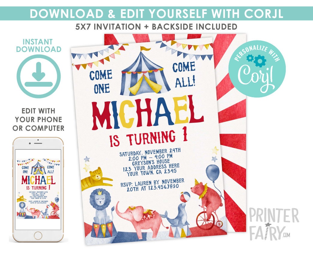 Editable Circus Birthday Invitation Template, Carnival Party (Digital Invite)