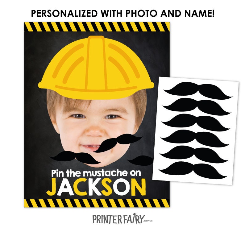 Construction Birthday Party Pin the Mustache Game Personalized Photo Poster (Digital Download)