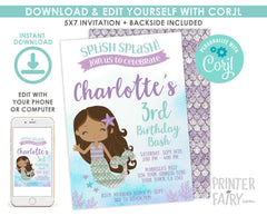Editable Mermaid Birthday Invitation, Under the Sea Party (Digital Invitation)