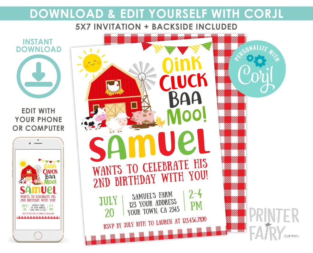 Farm Animal Birthday Invitation, Barnyard Party, Instant Download