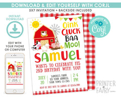 Farm Animal Birthday Invitation, Barnyard Party, Instant Download