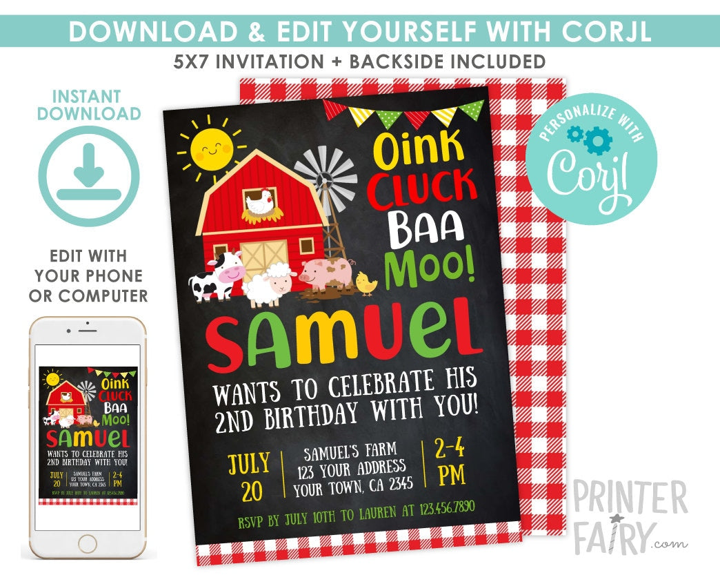 Farm Animal Birthday Invitation, Barnyard Chalkboard, Editable (Digital)