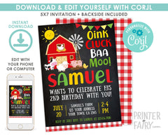 Farm Animal Birthday Invitation, Barnyard Chalkboard, Editable (Digital)