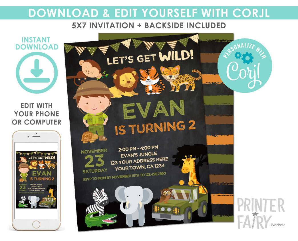 Editable Safari Birthday Invitation, Jungle Animals (Digital Printable)