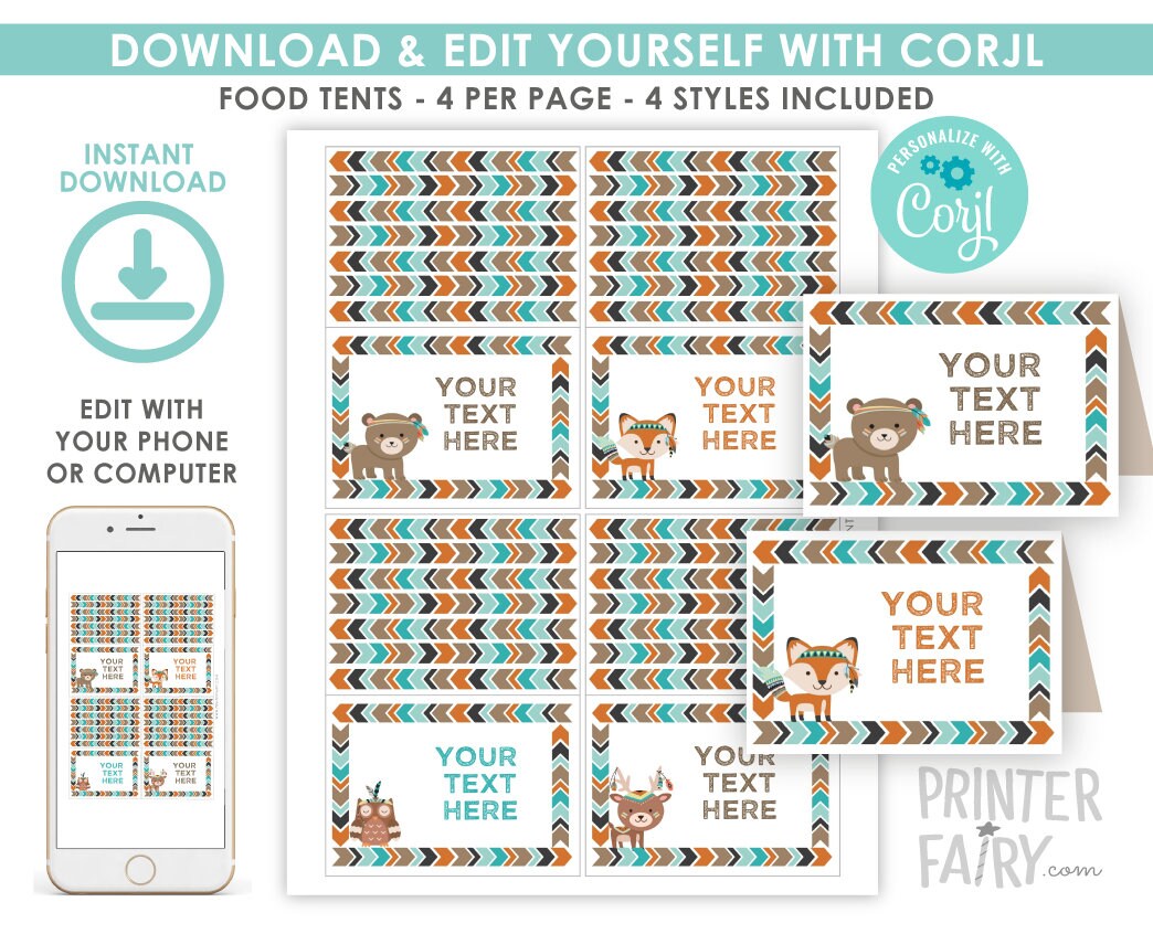 Woodland Tribal Animals Food Tent Cards, Editable Buffet Labels (Digital Download)