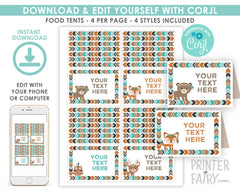 Woodland Tribal Animals Food Tent Cards, Editable Buffet Labels (Digital Download)