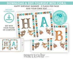 Wild One Birthday Banner, Tribal Woodland Animals (Editable, Instant Download)