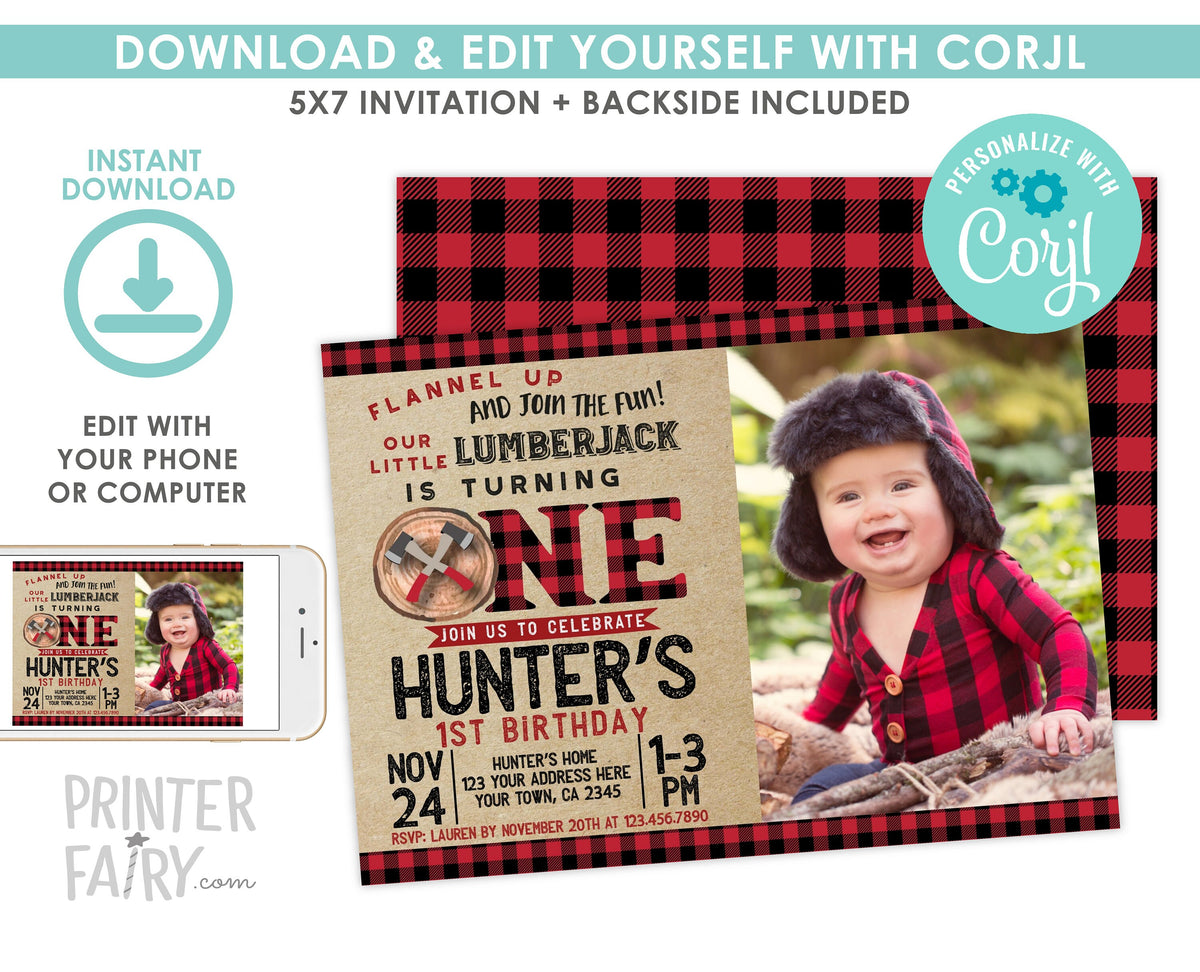 Lumberjack 1st Birthday Invitation with Photo, Woodland Winter (EDITABLE)