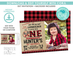 Lumberjack 1st Birthday Invitation with Photo, Woodland Winter (EDITABLE)