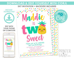Pineapple 2nd Birthday Invitation, Editable Luau Party Invite (Digital Download)
