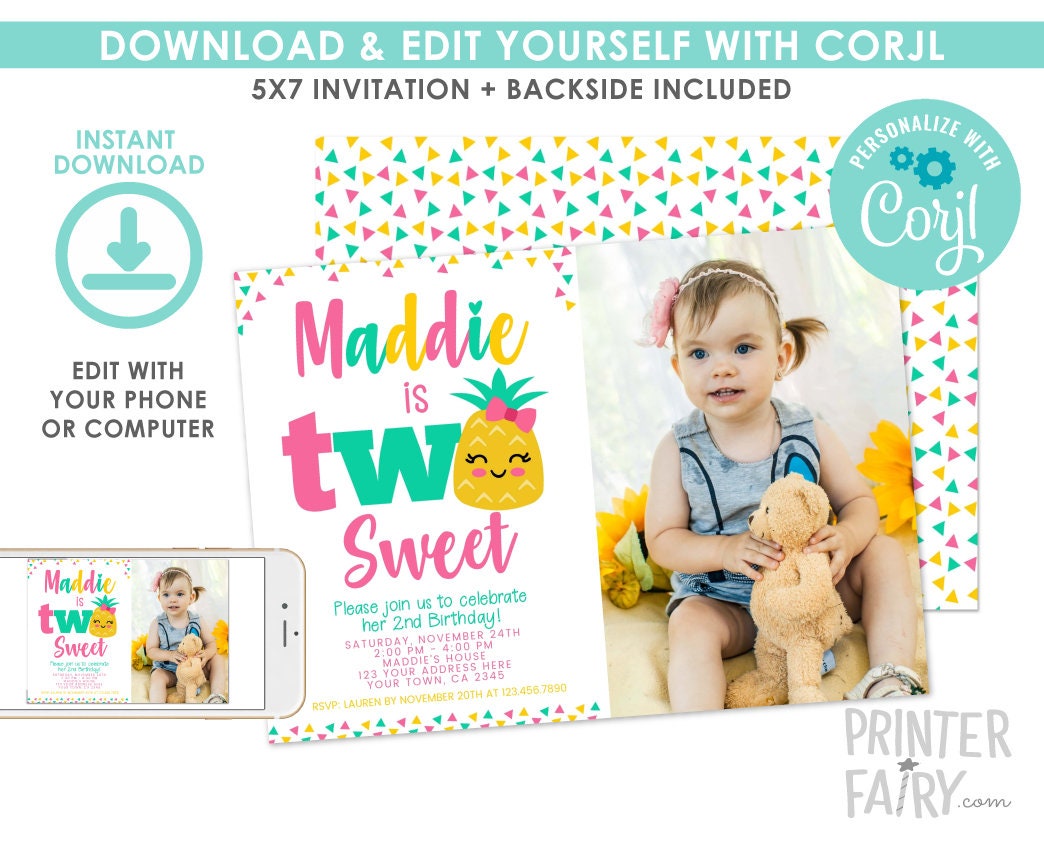 Pineapple 2nd Birthday Photo Invitation, Editable Luau Party (Digital Download)