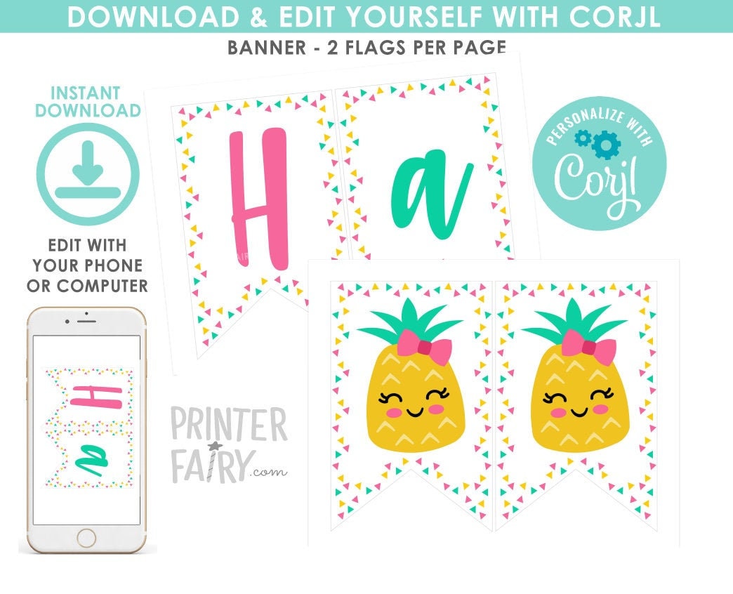 Pineapple Birthday Banner, EDITABLE Luau Party Decor (Digital Download)