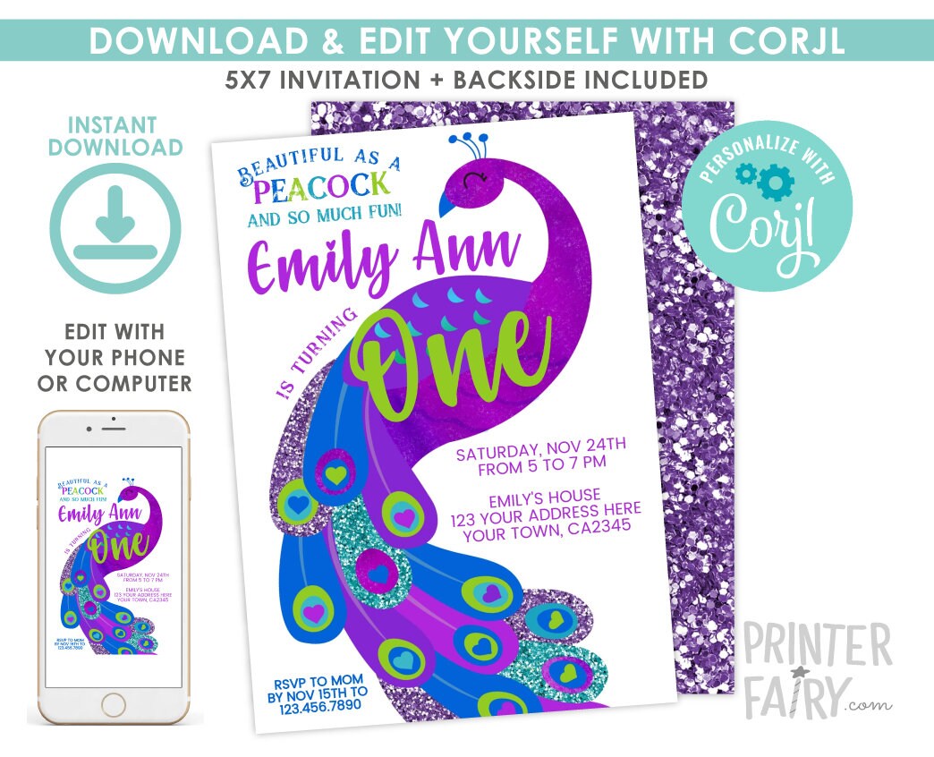 Peacock First Birthday Invitation, Editable Digital Invite
