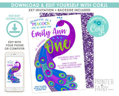 Peacock First Birthday Invitation, Editable Digital Invite