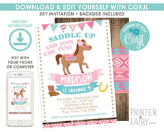 Pony Birthday Party Invitation Template, Cowgirl Theme (Instant Download)
