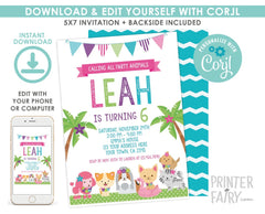 Puppy Luau Birthday Invitation, Pet Adoption Party (Digital Invite)