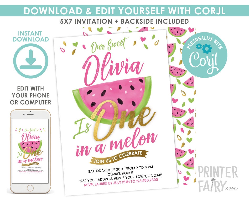One in a Melon First Birthday Invitation Editable Template Watermelon Invite (Instant Download)