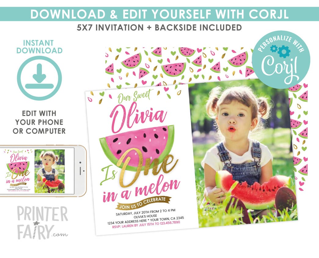 Watermelon First Birthday Invitation with Photo, Editable (Digital Download)