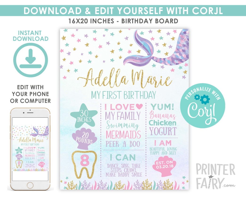 Mermaid Birthday Board, Under the Sea Decorations (Digital Download)