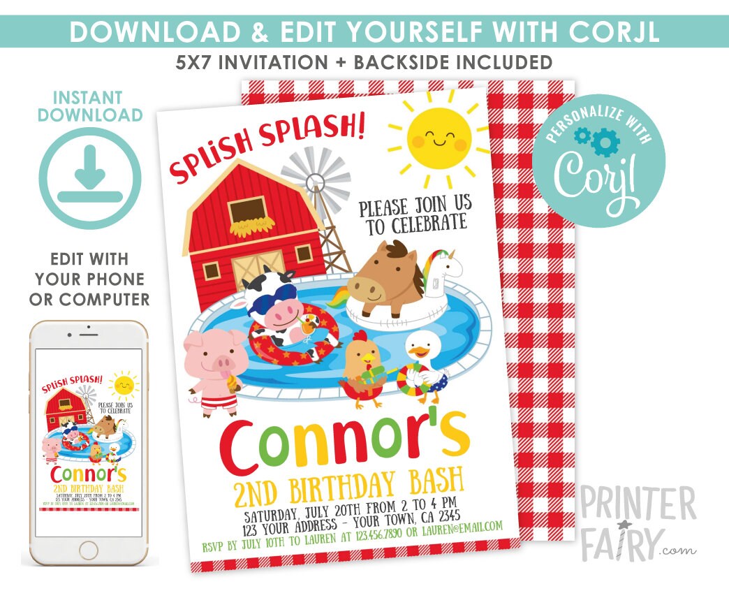 Farm Invitation EDITABLE Template, Pool Party Invitation, INSTANT DOWNLOAD