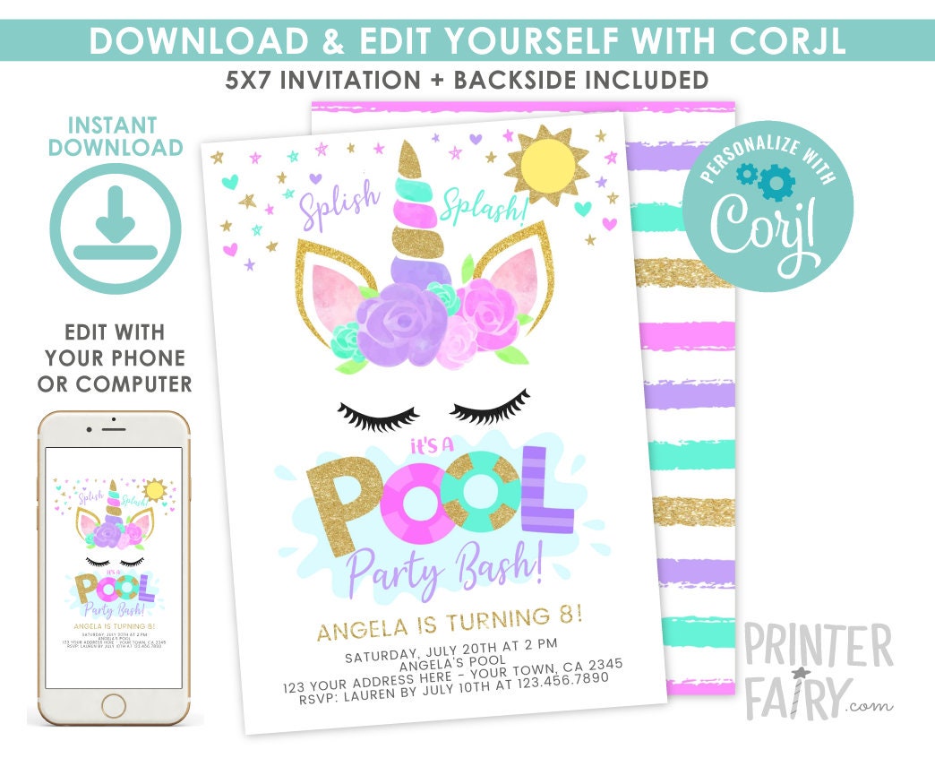 Editable Unicorn Pool Party Invitation (Instant Download)