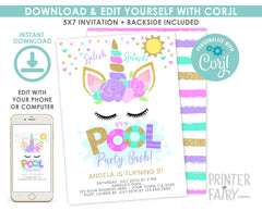 Editable Unicorn Pool Party Invitation (Instant Download)