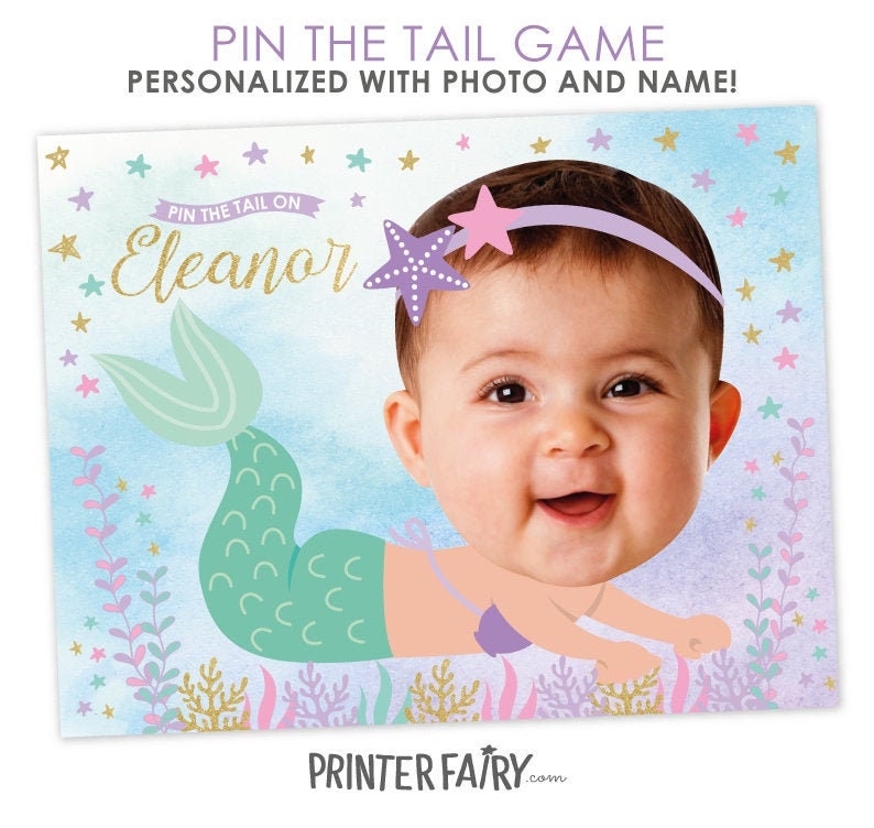Mermaid Birthday Personalized Pin the Tail Game with Photo, Digital Printable Design