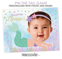 Mermaid Birthday Personalized Pin the Tail Game with Photo, Digital Printable Design