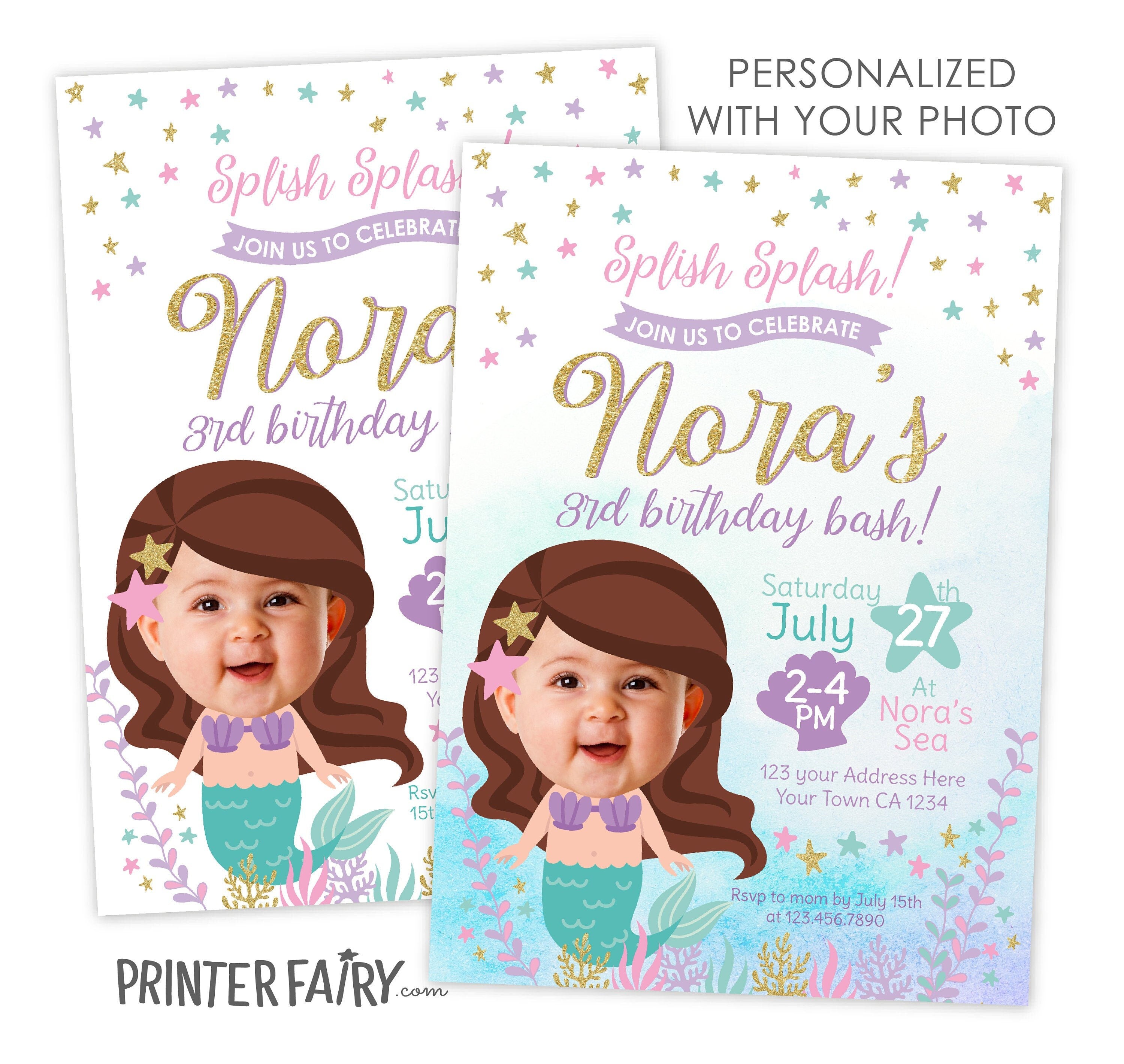 Mermaid Birthday Party Personalized Invitation with Photo, Digital or Printable Design