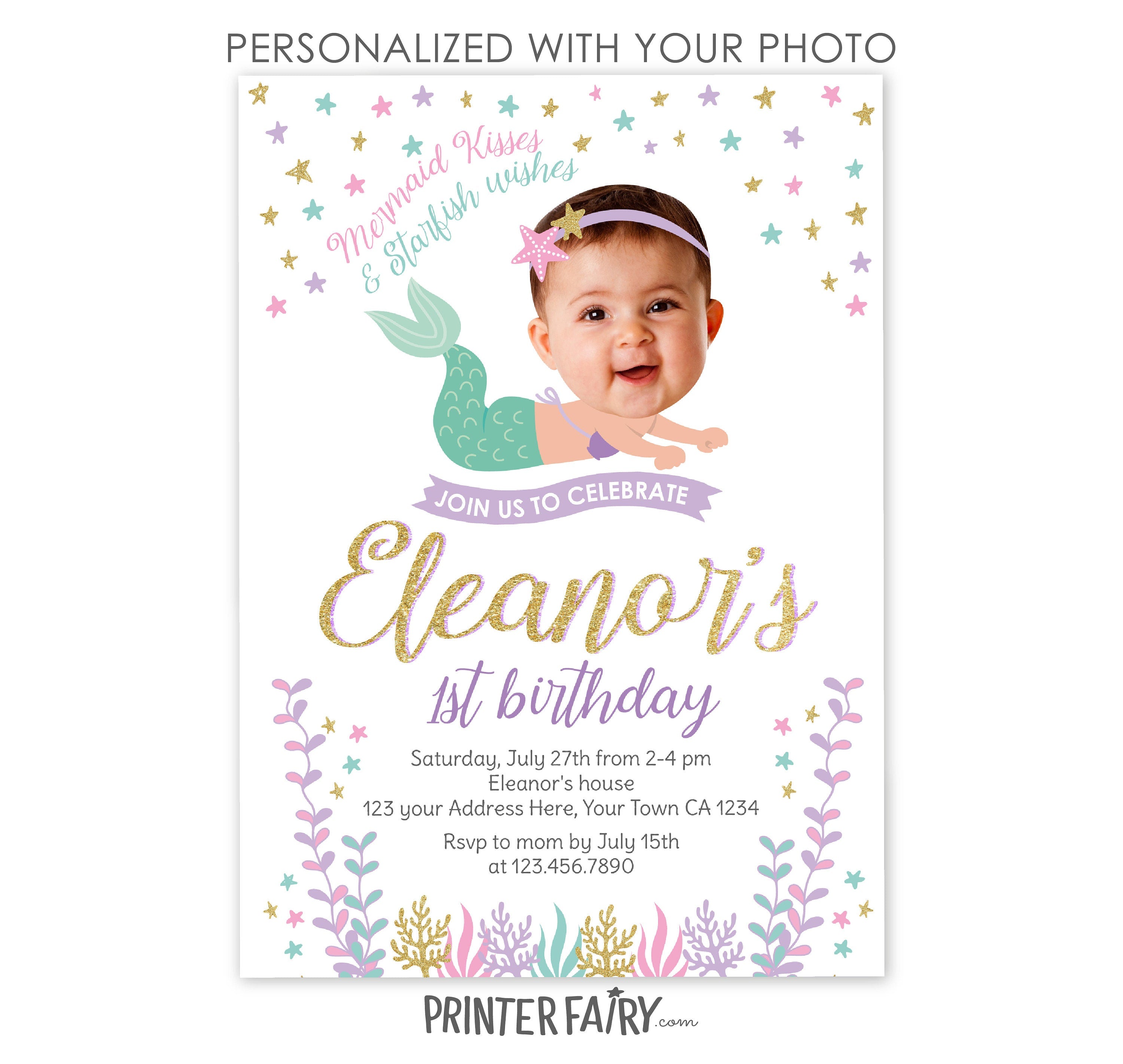 Mermaid Photo Birthday Invitation, Under the Sea Party (Digital)