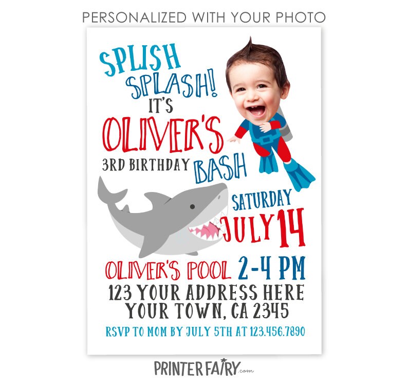 Personalized Shark Birthday Invitation, Under the Sea, Pool Party (Digital)
