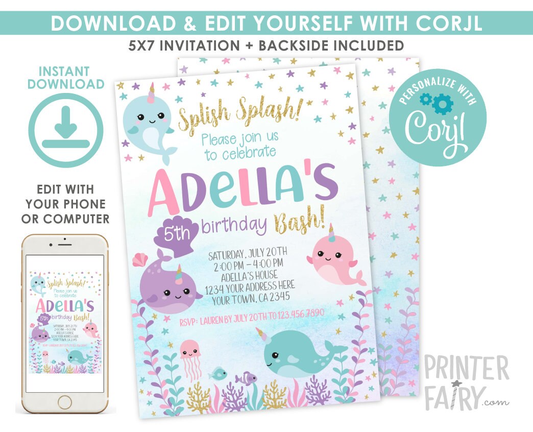 Narwhal Birthday Invitation, Under The Sea, EDIT YOURSELF (Digital Invitation)