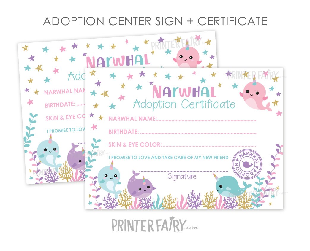 Narwhal Adoption Center Sign and Certificate (Digital Download)