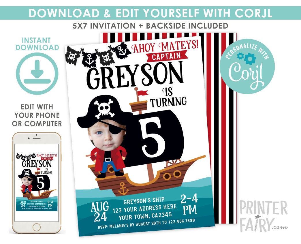 Editable Pirate Photo Birthday Invitation (Digital Download)