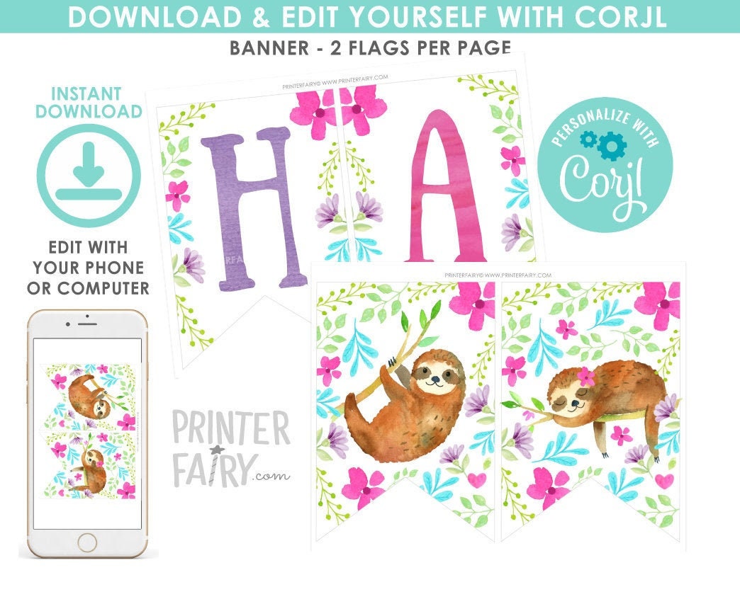 Sloth Birthday Banner, Editable Party Decoration (Instant Download)