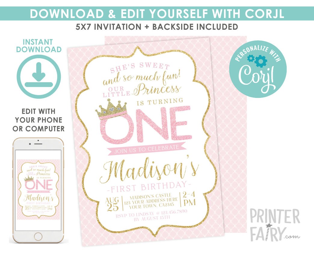 Princess First Birthday Invitation, Pink and Gold, Editable (Digital Download)