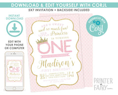 Princess First Birthday Invitation, Pink and Gold, Editable (Digital Download)