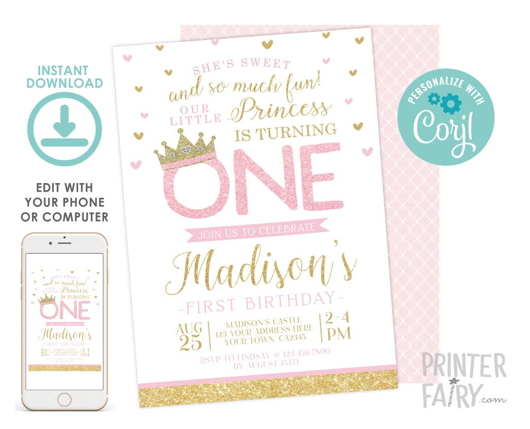 Princess 1st Birthday Invitation EDITABLE Template, Instant Download