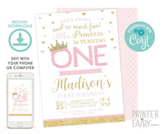 Princess 1st Birthday Invitation EDITABLE Template, Instant Download