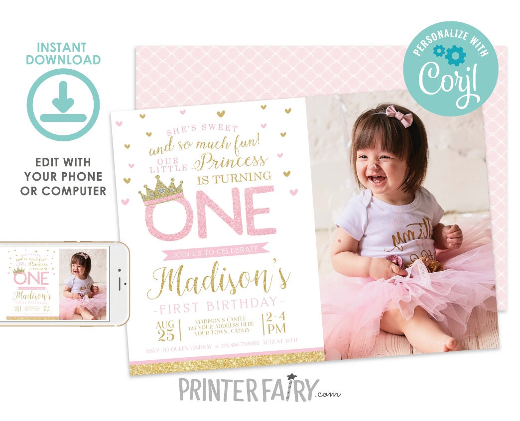 Princess First Birthday Invitation, Pink and Gold, Photo (Digital Download)