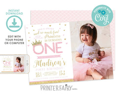 Princess First Birthday Invitation, Pink and Gold, Photo (Digital Download)