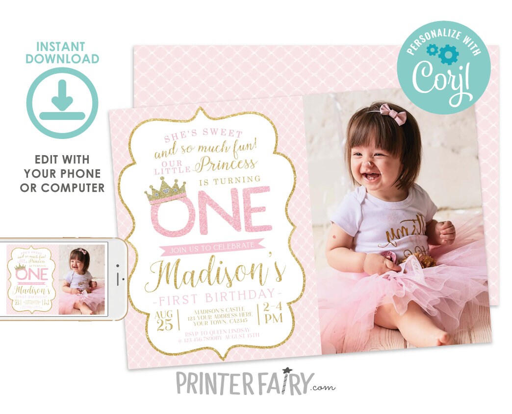 Princess 1st Birthday Invitation with Photo, Pink and Gold (Digital Download)
